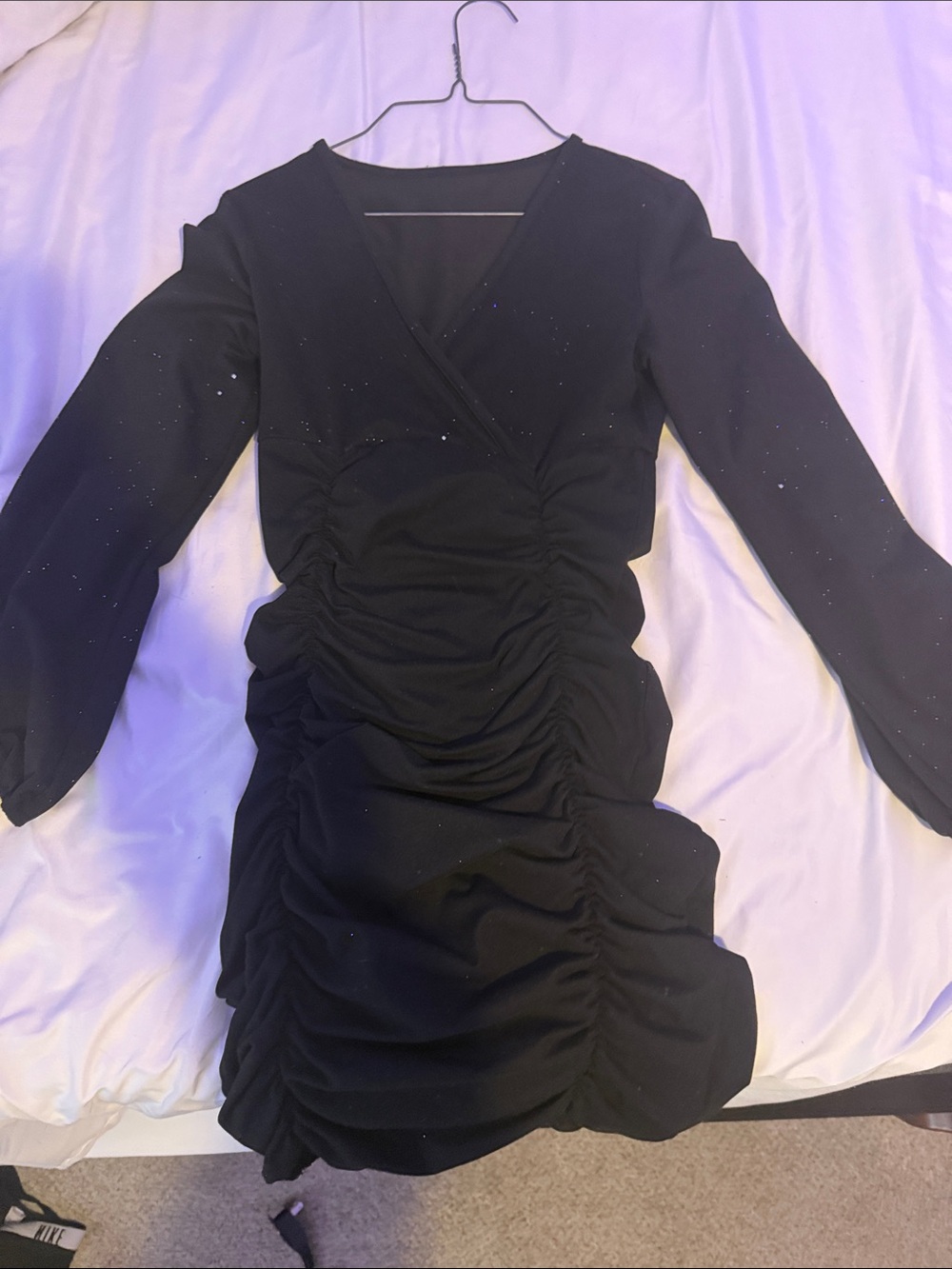 Black Ruched Long-Sleeve Dress